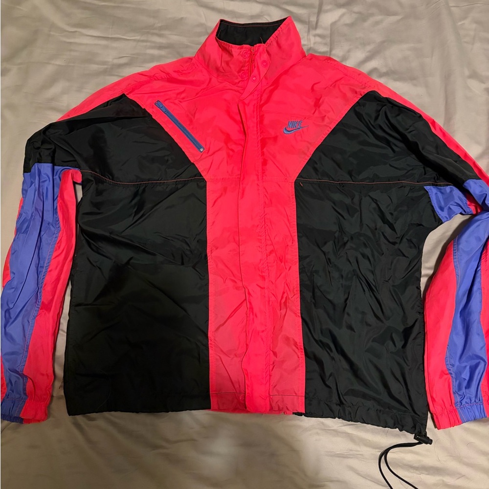 Nike Pink and Black Windbreaker with Blue Accents Vintage Sportswear 90’s